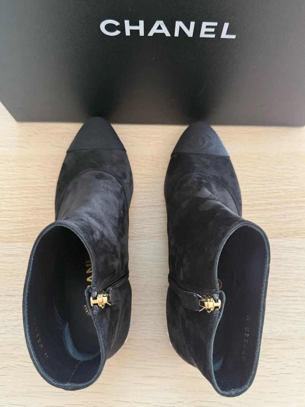 CHANEL Black Suede Pearl Heel Ankle Boots